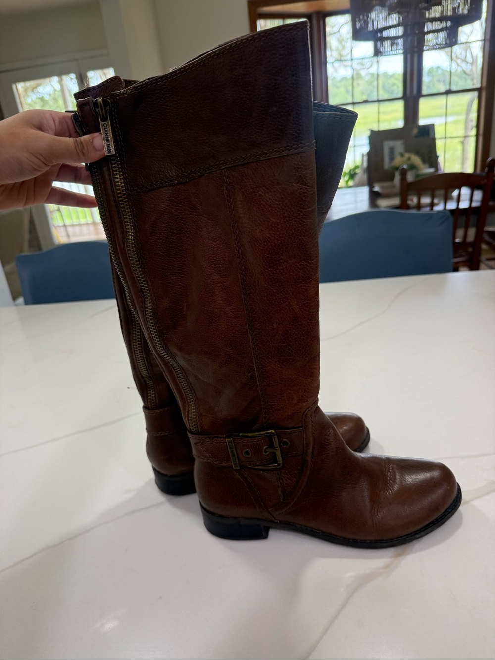 Gianni Bini Brown Leather Knee-High Zip Riding Boots